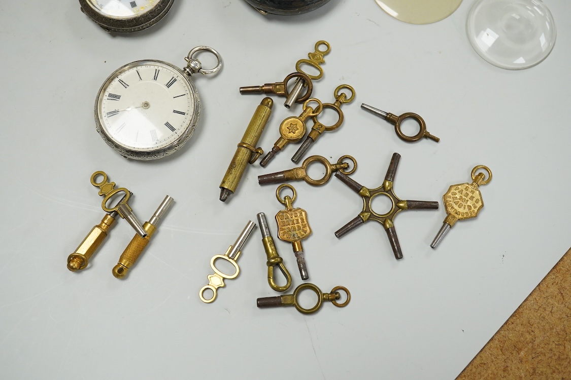 Five assorted early 20th century silver open faced fob watches, eight other continental white metal pocket and fob watches including two retailed by Kendall & Dent, four base metal pocket watches including cased Hebdomas